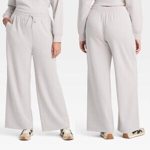 Large - Womens Airy Sleek Ribbed High Rise Wide Leg Pants - AIM - Light Taupe